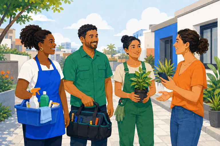 Uma diarista, um eletricista e uma jardineira conversando com uma cliente numa rua residencial.